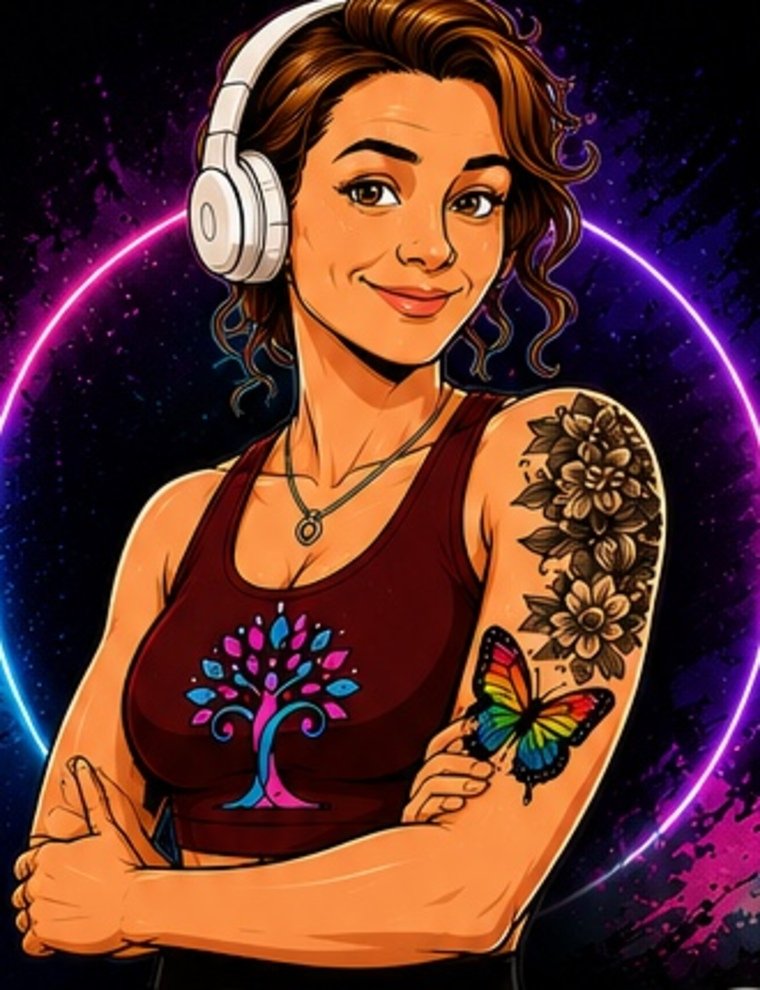 Illustrated Coach E wearing headphones and an Evolve EveryBody fitness top